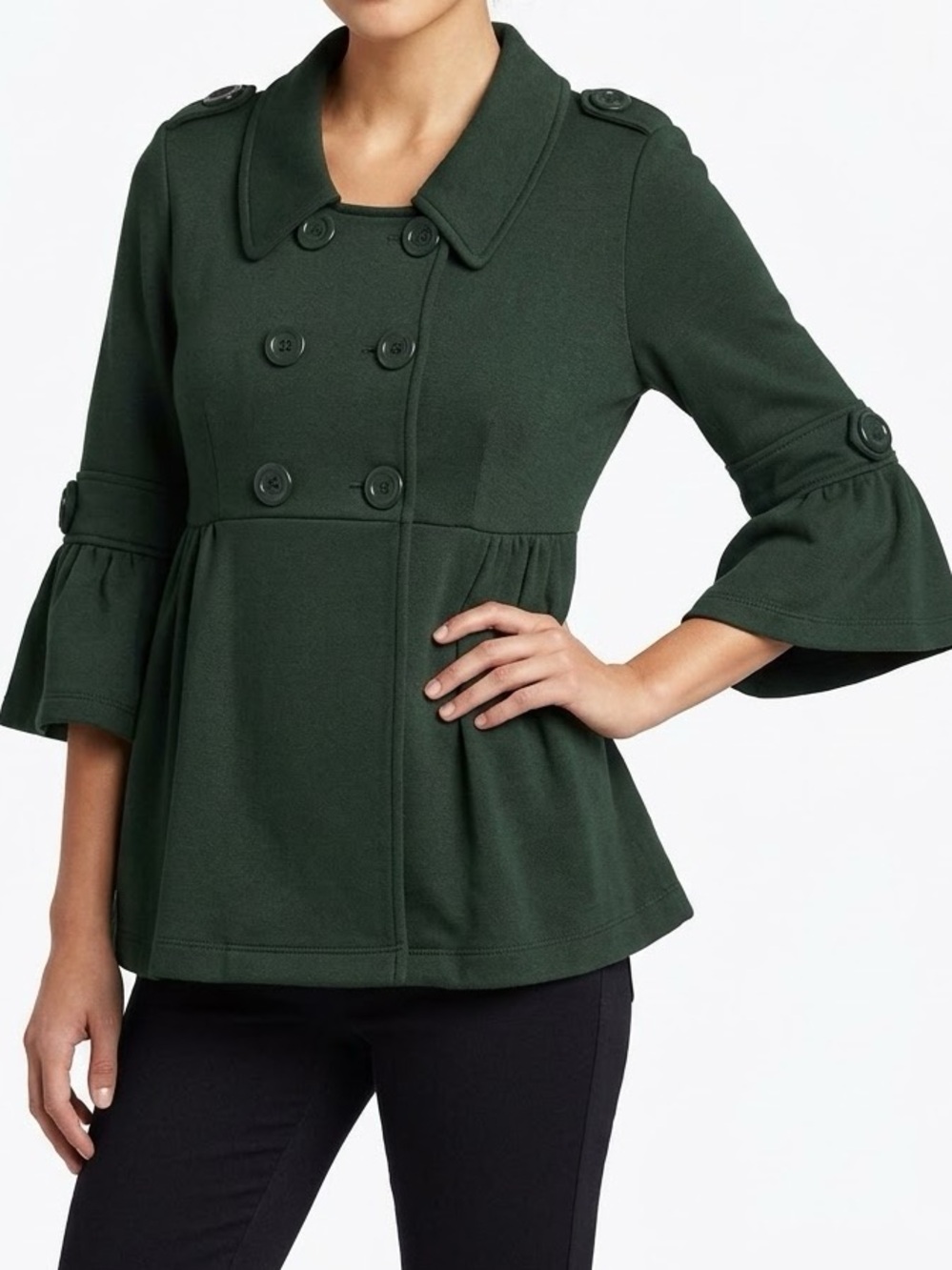 LUII Dark Green Double-Breasted Peplum Pea Coat Knit Jacket — LHP